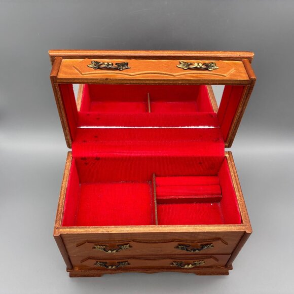 Vintage Wooden Jewelry Box with Red Velvet Lining and Mirror - Picture 7 of 15